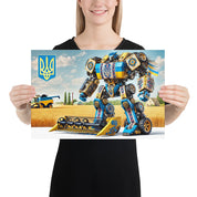 Woman holding Ukrainian Transformer poster with futuristic robot in yellow and blue, featuring the Ukrainian emblem in a field background.