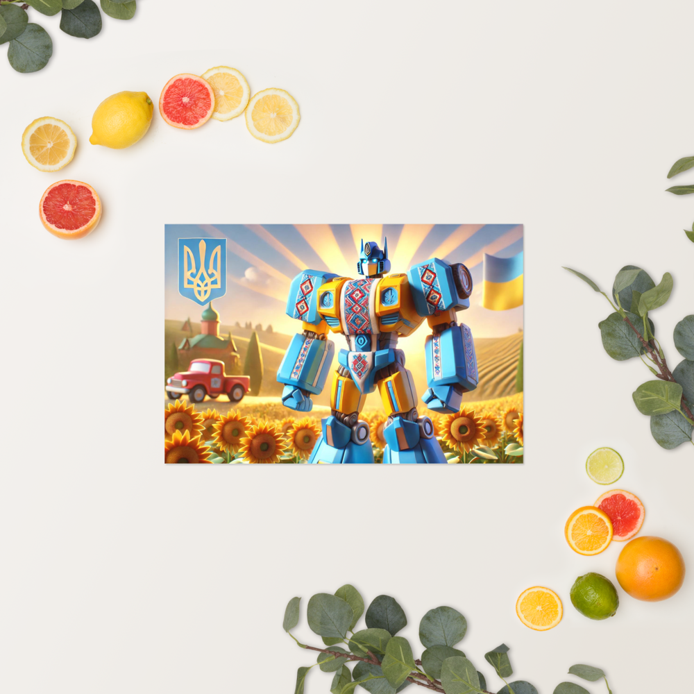 Ukrainian Transformer artwork poster with vibrant sunflowers and a red truck in a scenic landscape, surrounded by citrus fruit decorations.