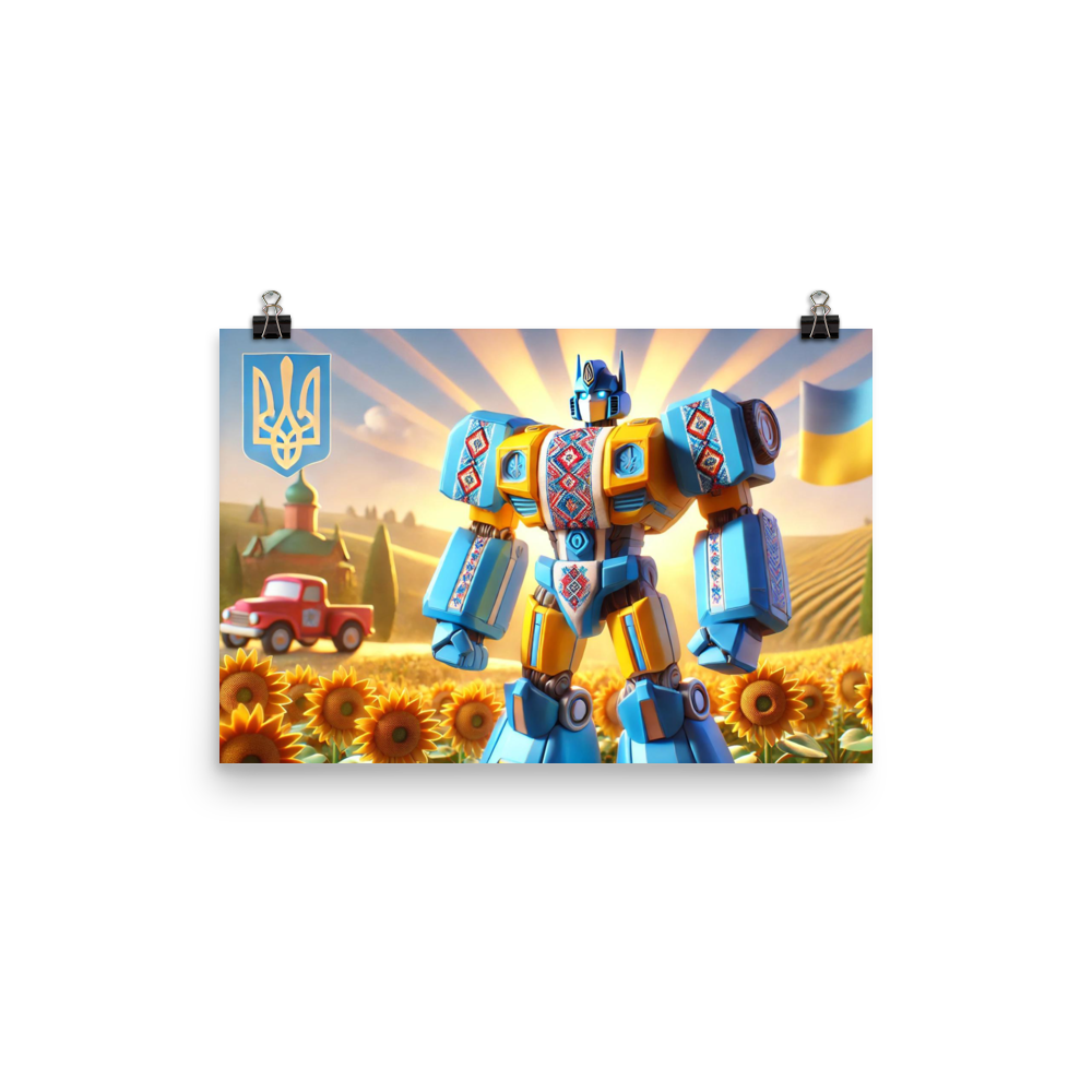 Ukrainian Transformer artwork poster featuring vibrant colors and traditional motifs with a bold robot design.