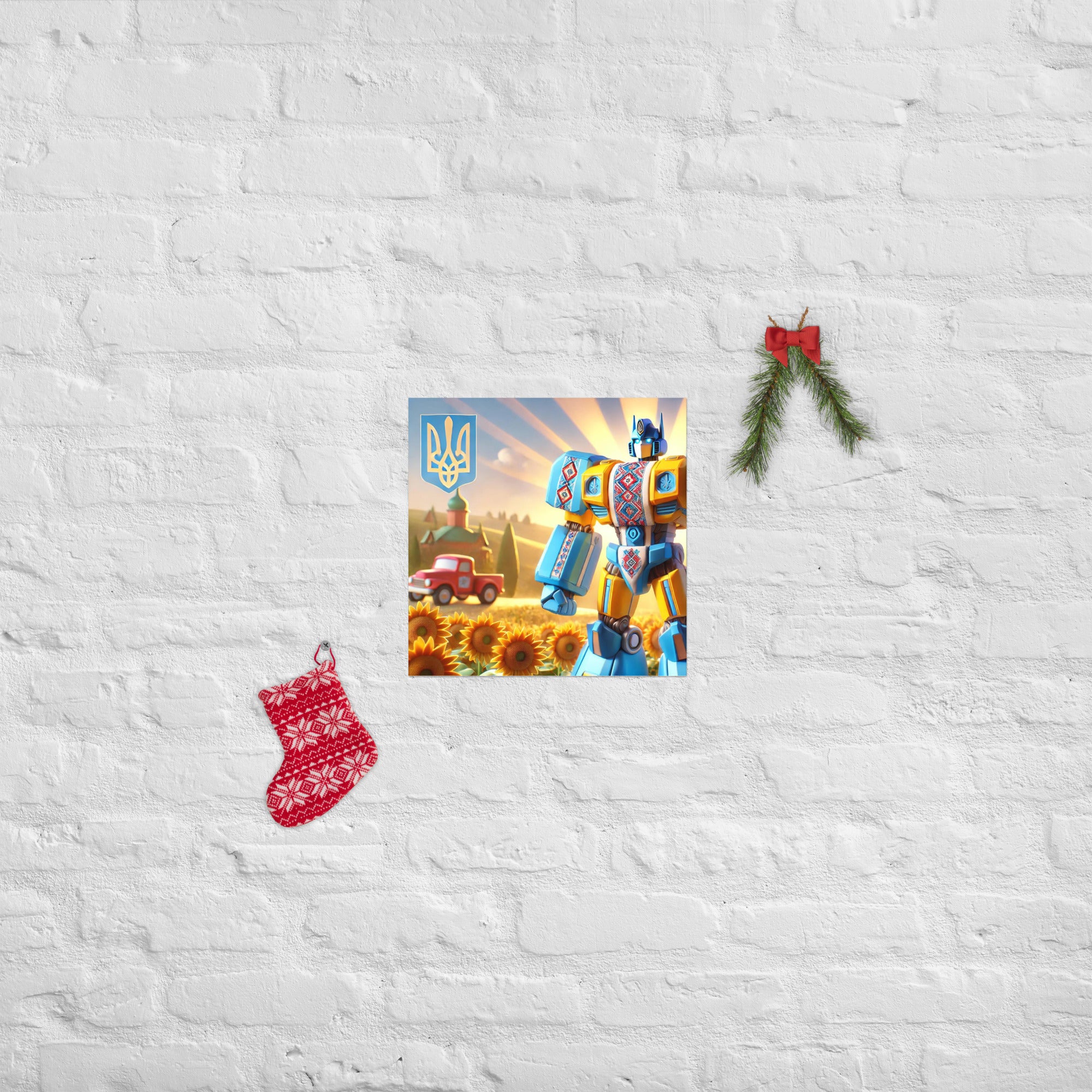 Ukrainian Transformer artwork poster on white brick wall with holiday decorations