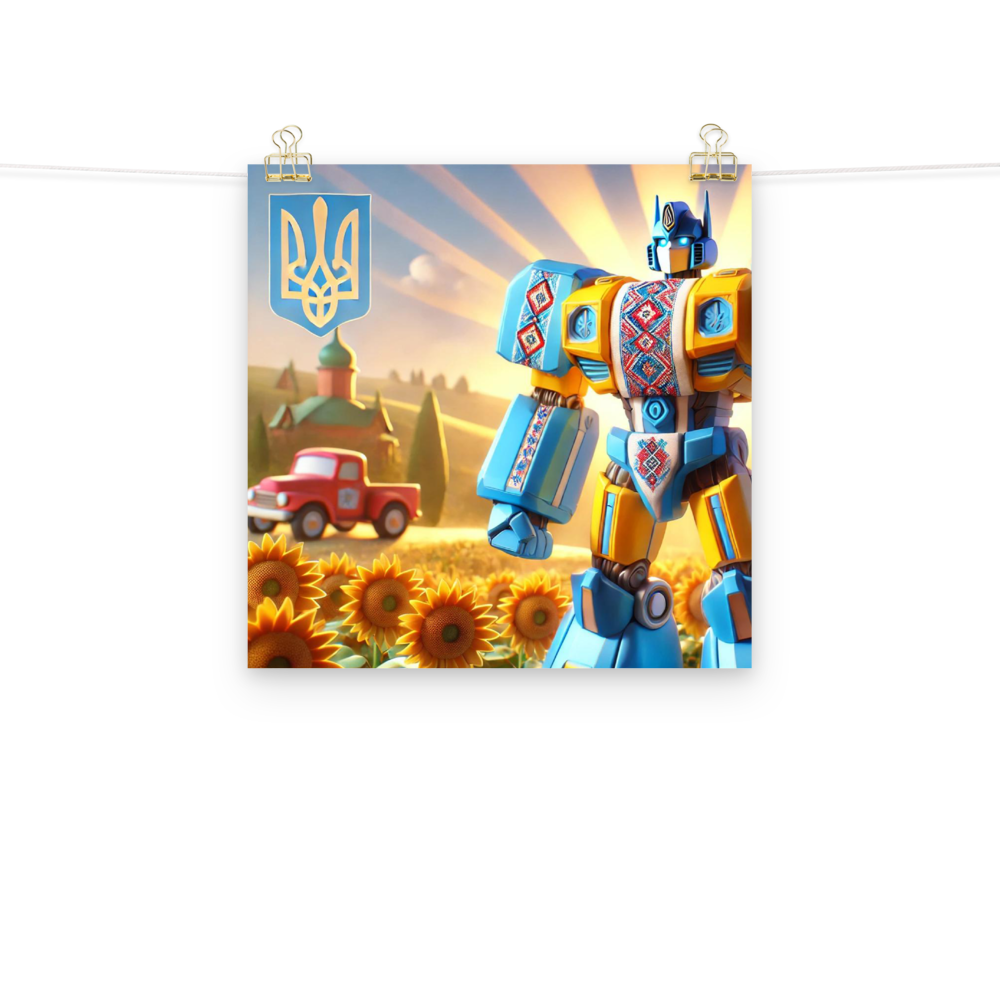 Ukrainian Transformer artwork poster with robot, sunflowers, and red truck, adding bold style and durable quality to any space.