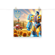 Ukrainian Transformer artwork poster with robot, sunflowers, and red truck, adding bold style and durable quality to any space.