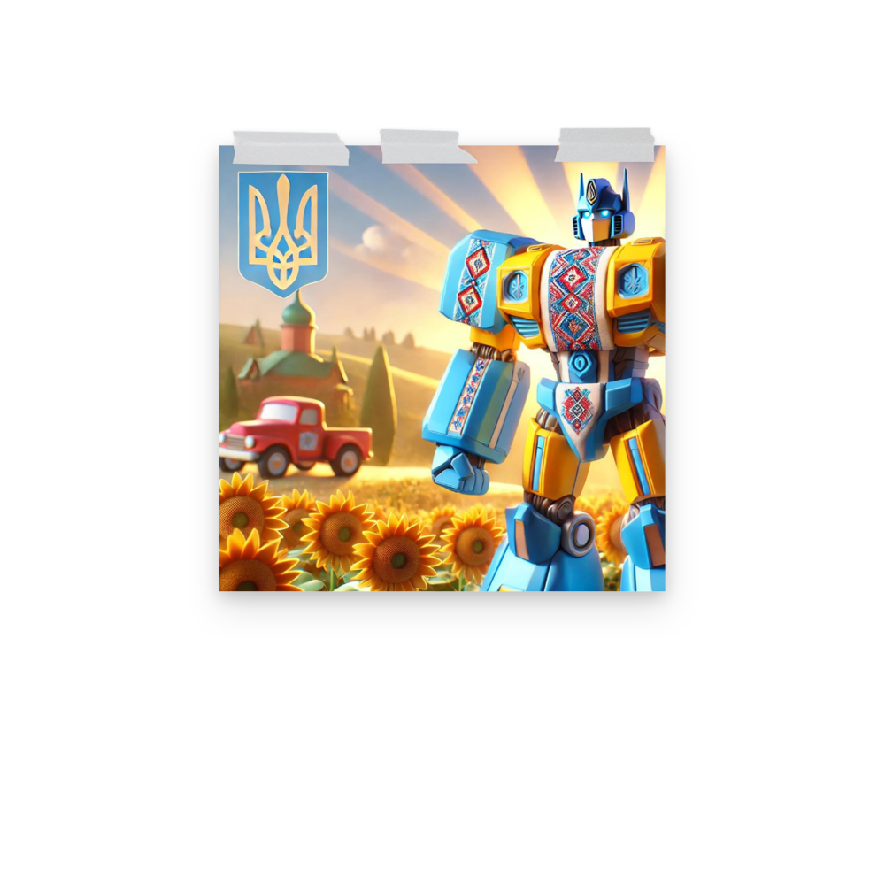 Ukrainian Transformer poster with vibrant artwork, featuring a colorful robot in a sunflower field with a Ukrainian emblem.
