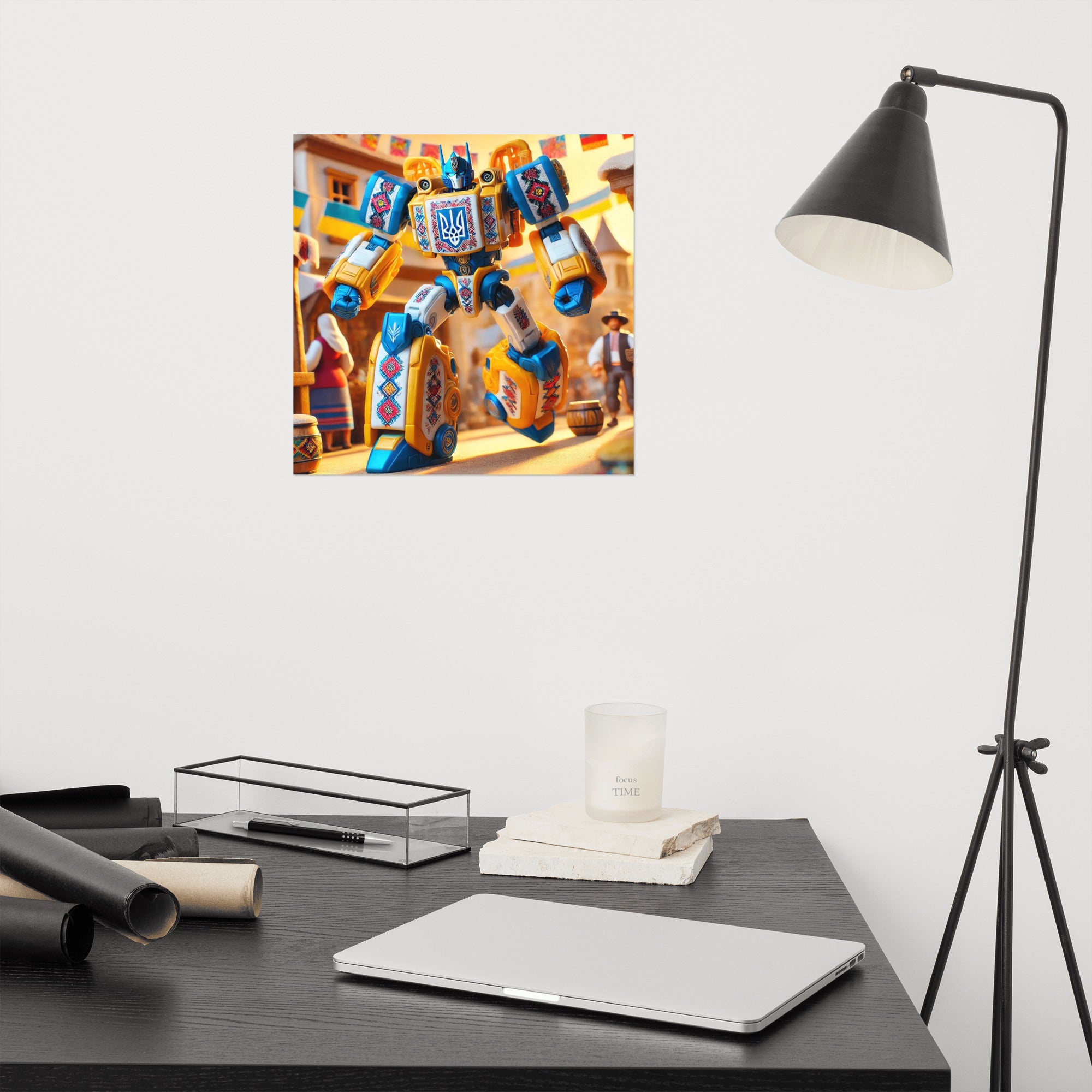 Modern office space with Ukrainian Transformer poster on wall, sleek black desk, lamp, and laptop, showcasing stylish décor.