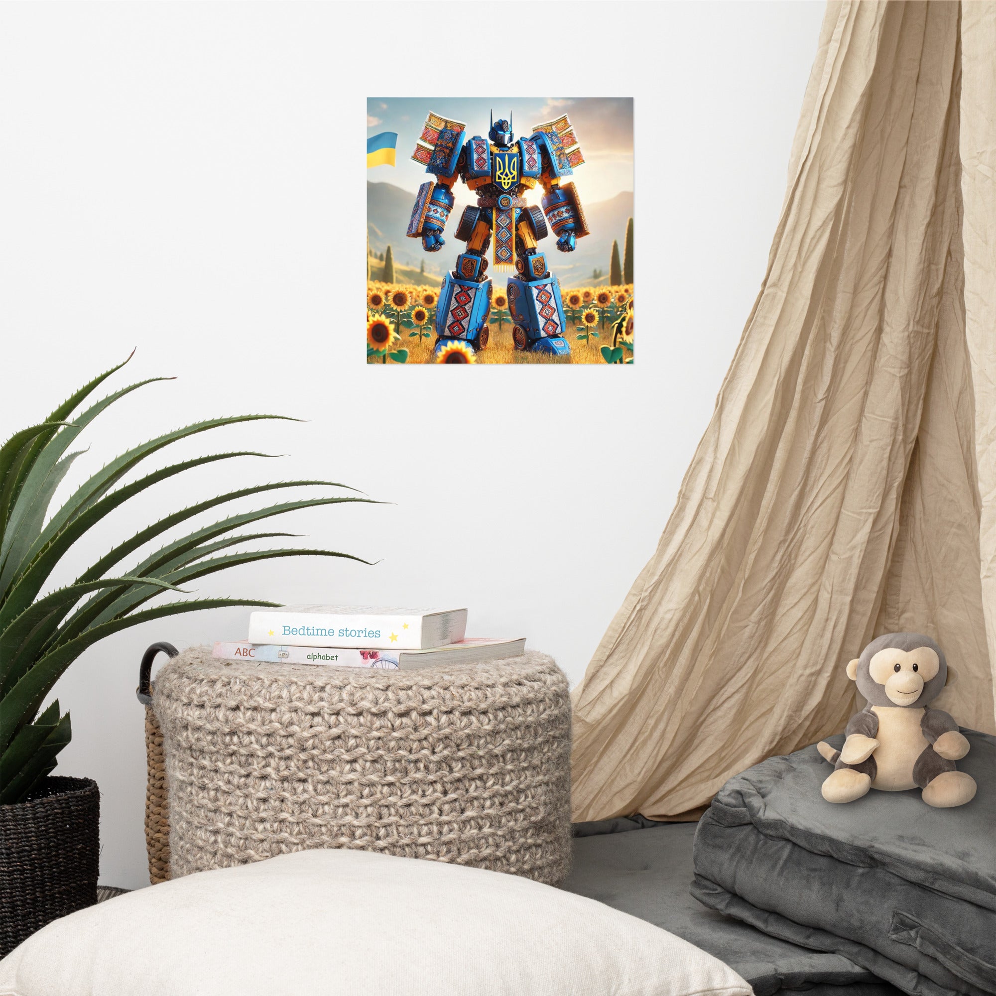 Ukrainian Transformer poster on wall, featuring vibrant robot design in a cozy room setting with plants and stuffed toy.
