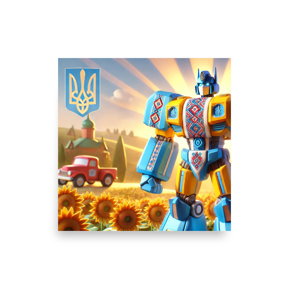 Ukrainian Transformer poster featuring vibrant robot in sunflower field with Ukrainian emblem in background.