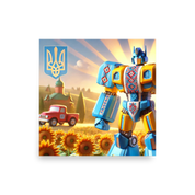 Ukrainian Transformer poster featuring vibrant robot in sunflower field with Ukrainian emblem in background.