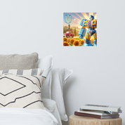 Ukrainian Transformer artwork poster on wall above bed with pillows and books, featuring vibrant colors and unique design.