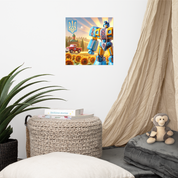 Ukrainian Transformer artwork poster displayed in a cozy room with plush seating and decor.