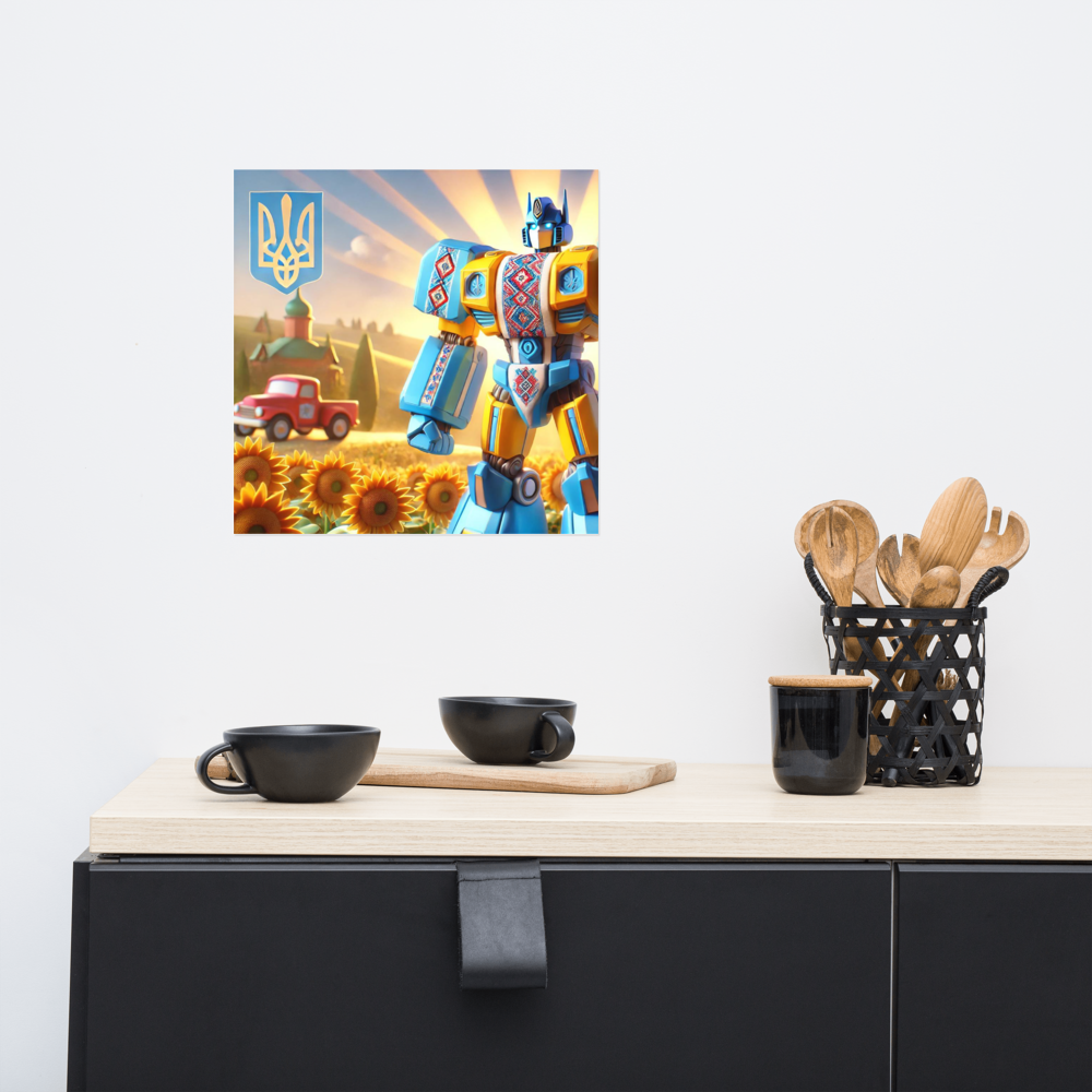 Ukrainian Transformer artwork poster on kitchen shelf with utensils, showcasing vibrant colors and intricate design details.