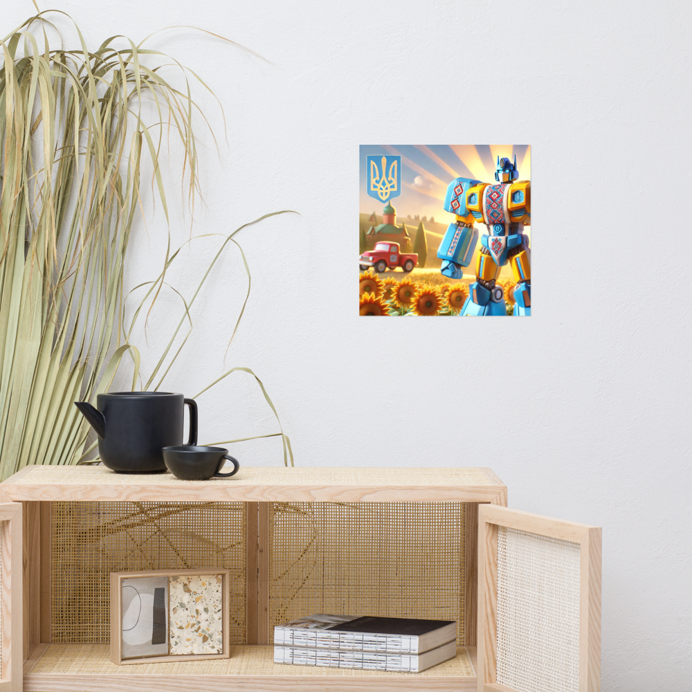 Ukrainian Transformer artwork poster on display with sunflowers and traditional motifs in a modern room setting.