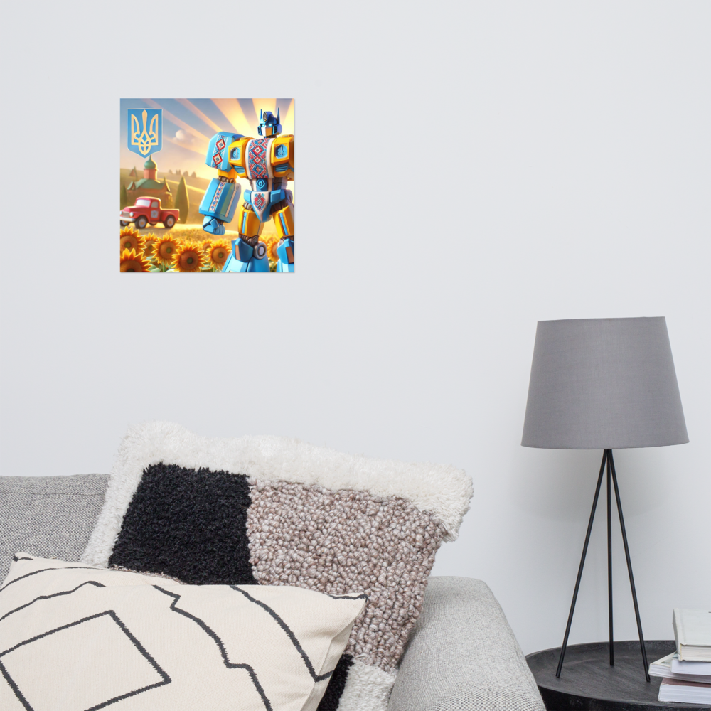 Ukrainian Transformer artwork poster on a white wall above a cozy couch with a lamp, adding vibrant style to the room decor.