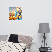 Ukrainian Transformer artwork poster on a white wall above a cozy couch with a lamp, adding vibrant style to the room decor.