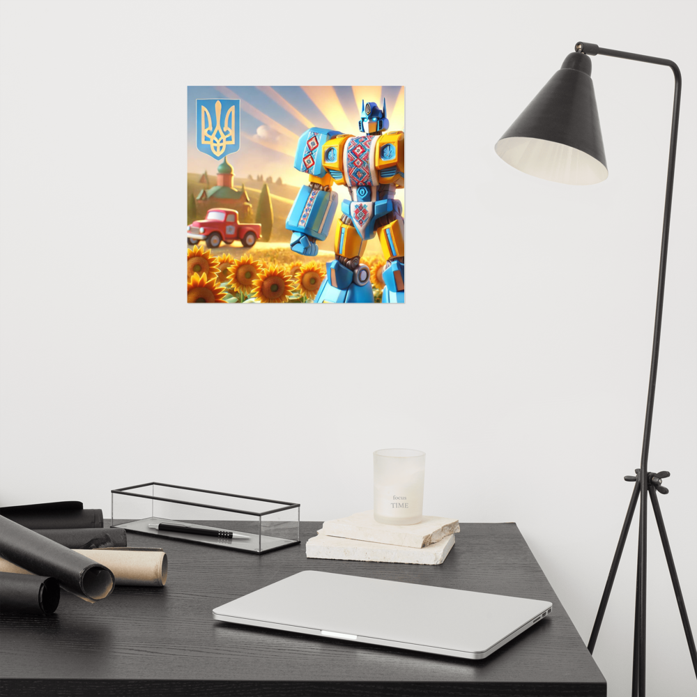 Ukrainian Transformer artwork poster on a stylish desk, featuring vibrant colors and unique design elements.