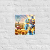 Ukrainian Transformer artwork poster featuring a robot in a sunflower field, showcasing vibrant colors and cultural elements.