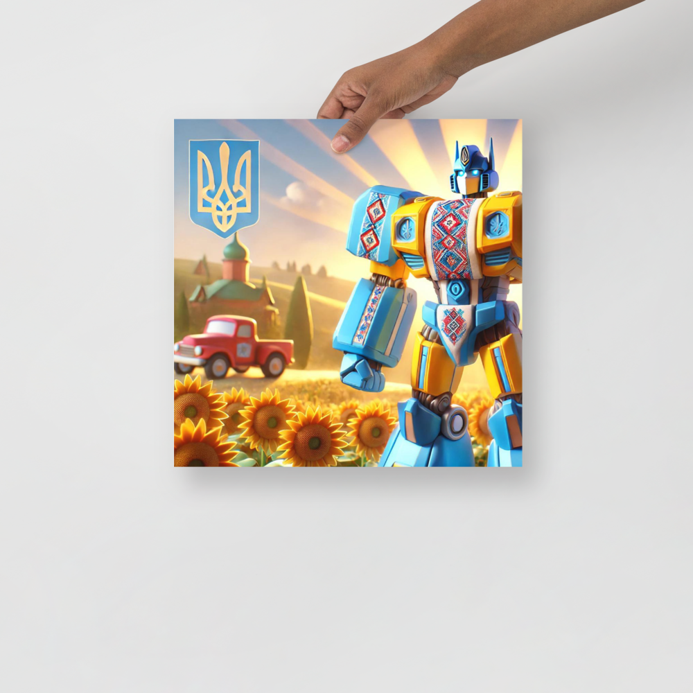 Ukrainian Transformer artwork poster with sunflowers, a red truck, and vibrant colors, emphasizing durability and style.
