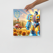 Ukrainian Transformer artwork poster with sunflowers, a red truck, and vibrant colors, emphasizing durability and style.