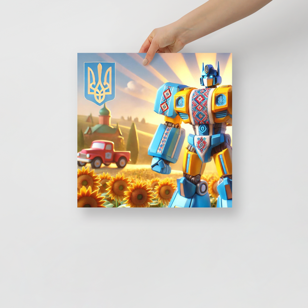 Hand holding Ukrainian Transformer artwork poster with vibrant colors and intricate designs against a scenic sunflower field backdrop.