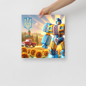 Hand holding Ukrainian Transformer artwork poster with vibrant colors and intricate designs against a scenic sunflower field backdrop.