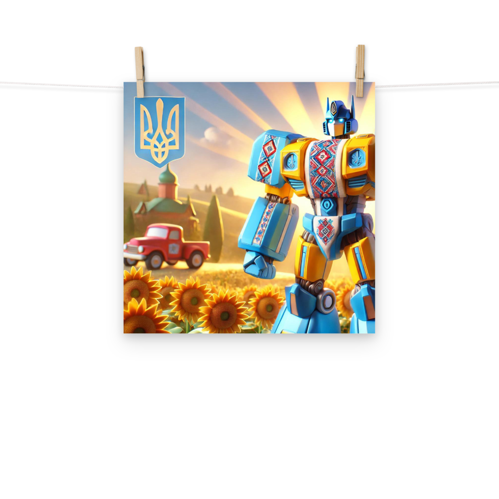 Ukrainian Transformer artwork poster with sunflowers and a red truck, featuring glossy and matte finishes for vibrant decor.