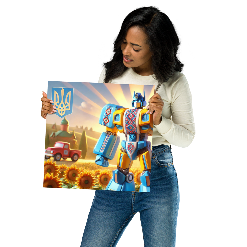 Woman holding Ukrainian Transformer artwork poster with vibrant sunflower field and vehicle in background.