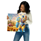 Woman holding Ukrainian Transformer artwork poster with vibrant sunflower field and vehicle in background.