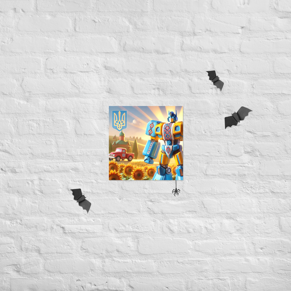Ukrainian Transformer poster on brick wall, featuring vibrant artwork with sunflowers and iconic design elements.