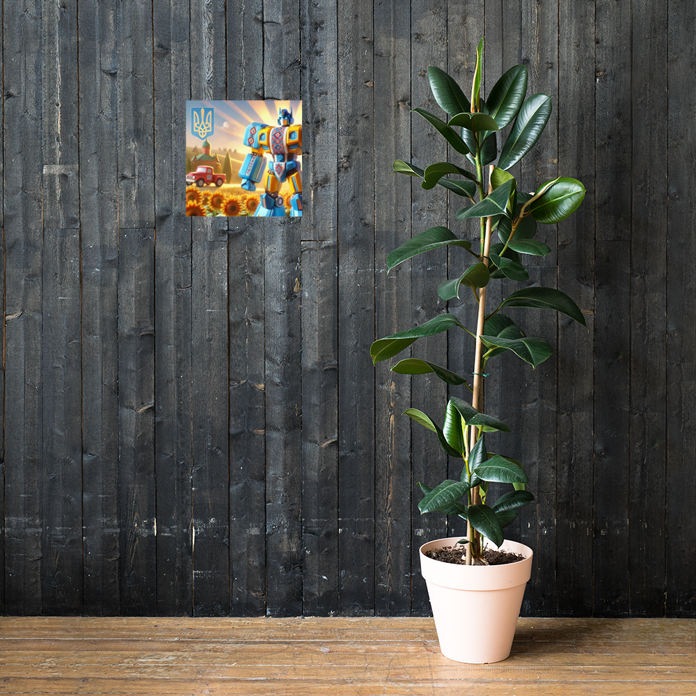 Ukrainian Transformer artwork poster on dark wall beside potted plant