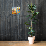 Ukrainian Transformer artwork poster on dark wall beside potted plant