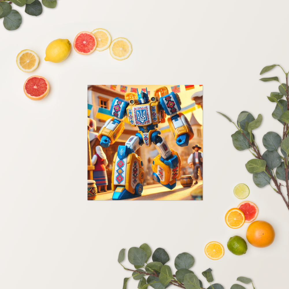Ukrainian Transformer poster with vibrant design surrounded by citrus fruits and leaves