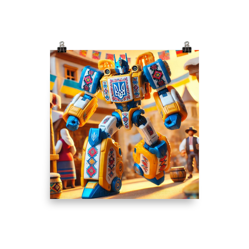 Ukrainian transformer poster featuring a colorful robot design set against a vibrant village scene, with authentic cultural patterns.