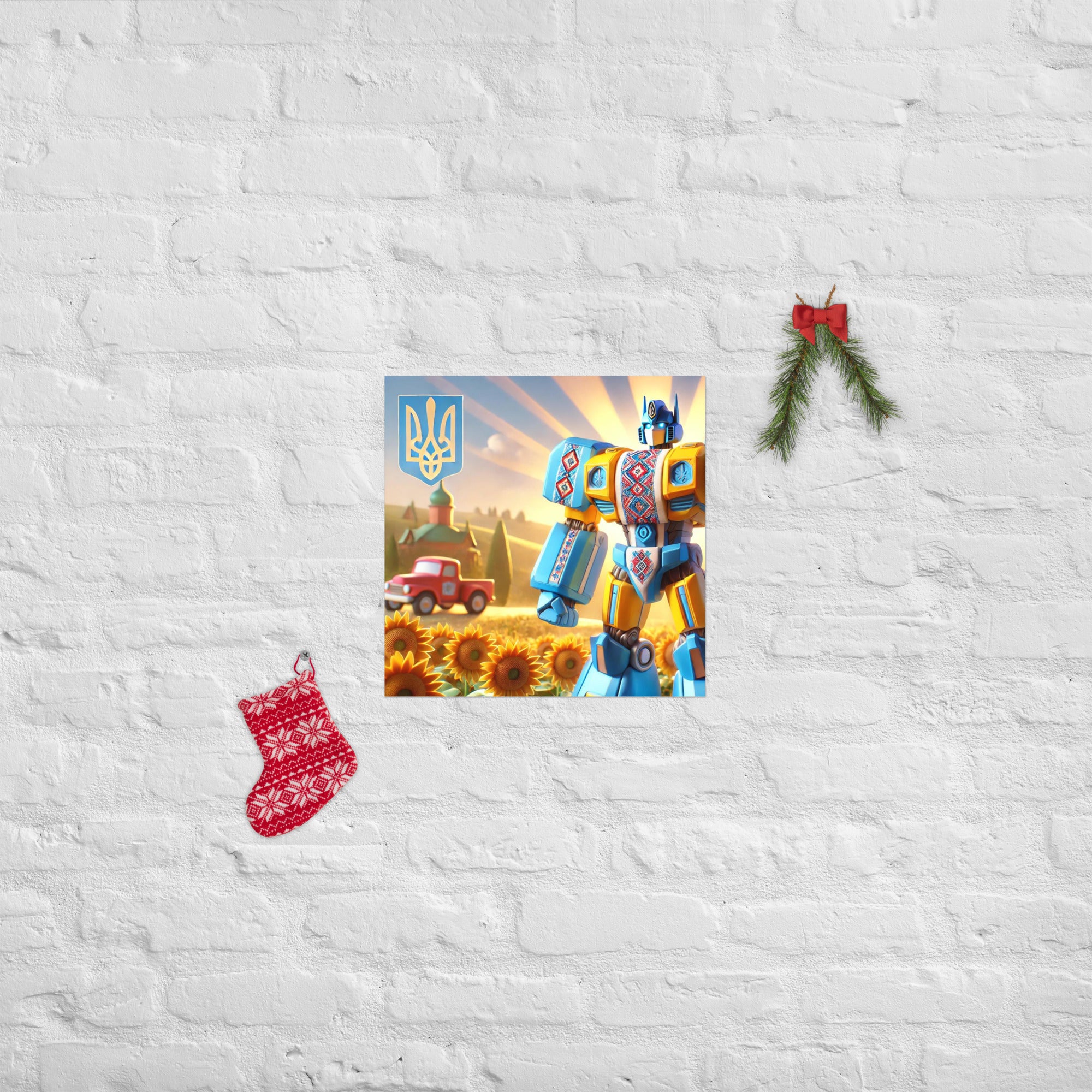Ukrainian Transformer artwork poster on white brick wall with Christmas decorations, featuring a vibrant robot and sunflowers.