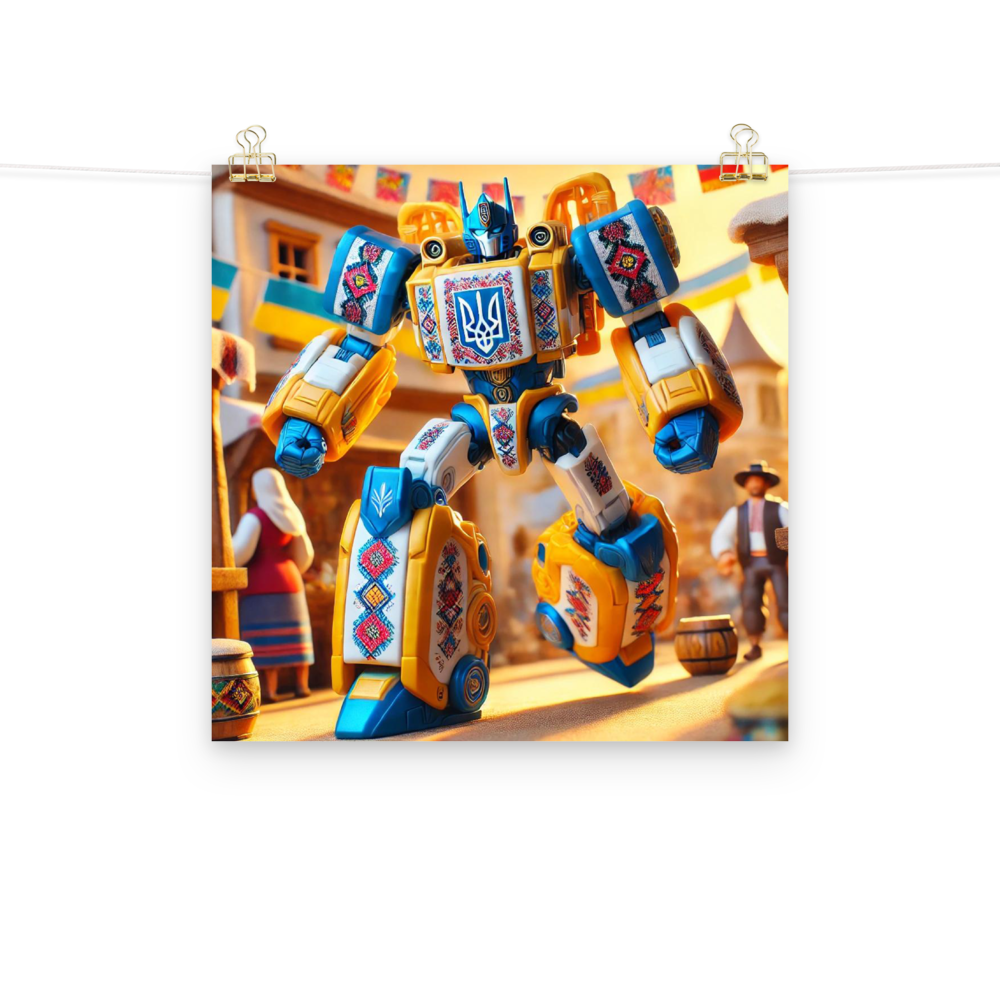 Ukrainian Transformer poster with vibrant robot design, featuring cultural motifs, adding a bold touch to any room decor.