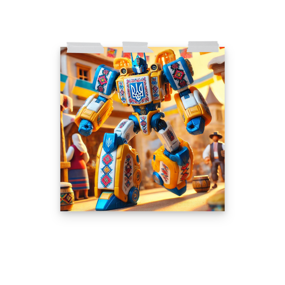 Ukrainian Transformer poster with vibrant colors in a village setting, featuring intricate patterns and glossy matte finish.