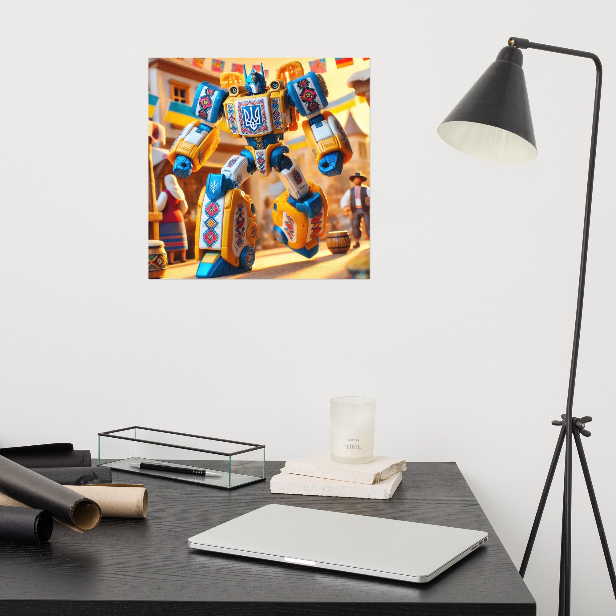 Ukrainian Transformer poster on a modern desk with a lamp, showcasing vibrant colors and intricate design.