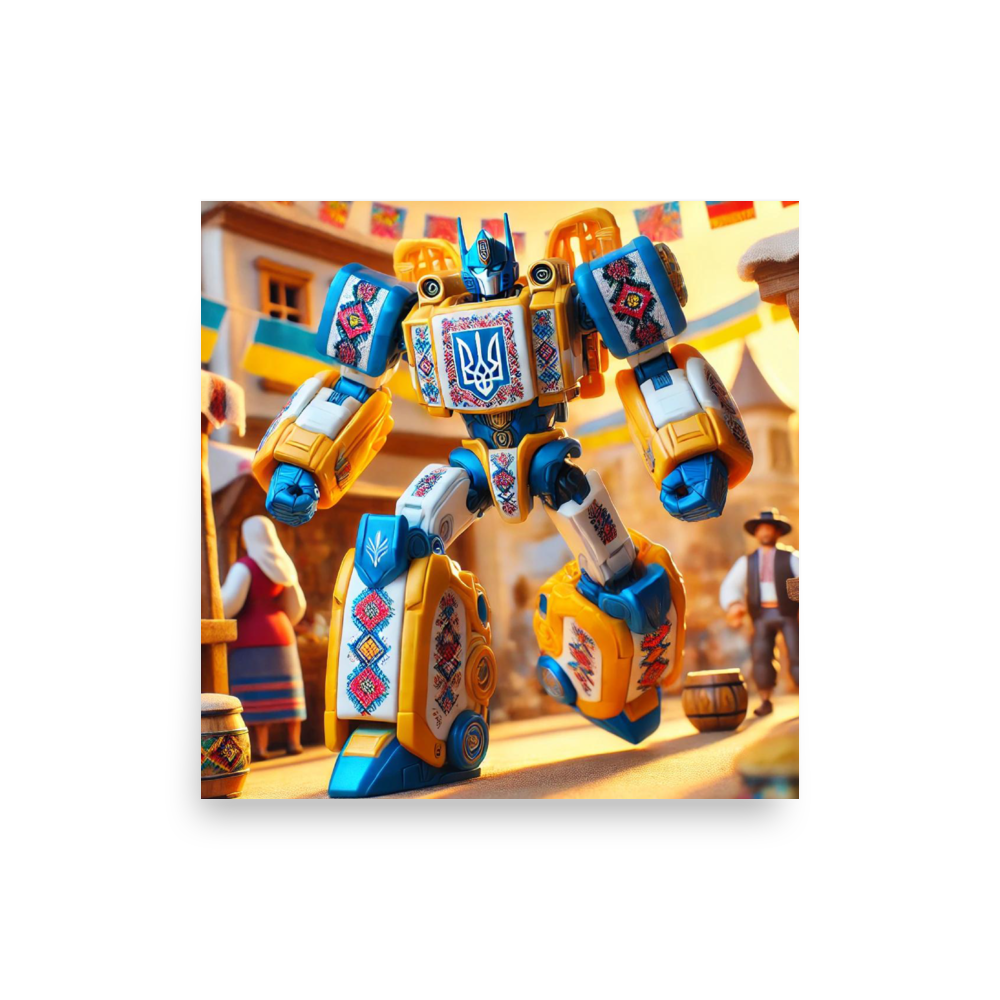 Ukrainian Transformer poster with vibrant design and cultural symbols in a sunny village setting.