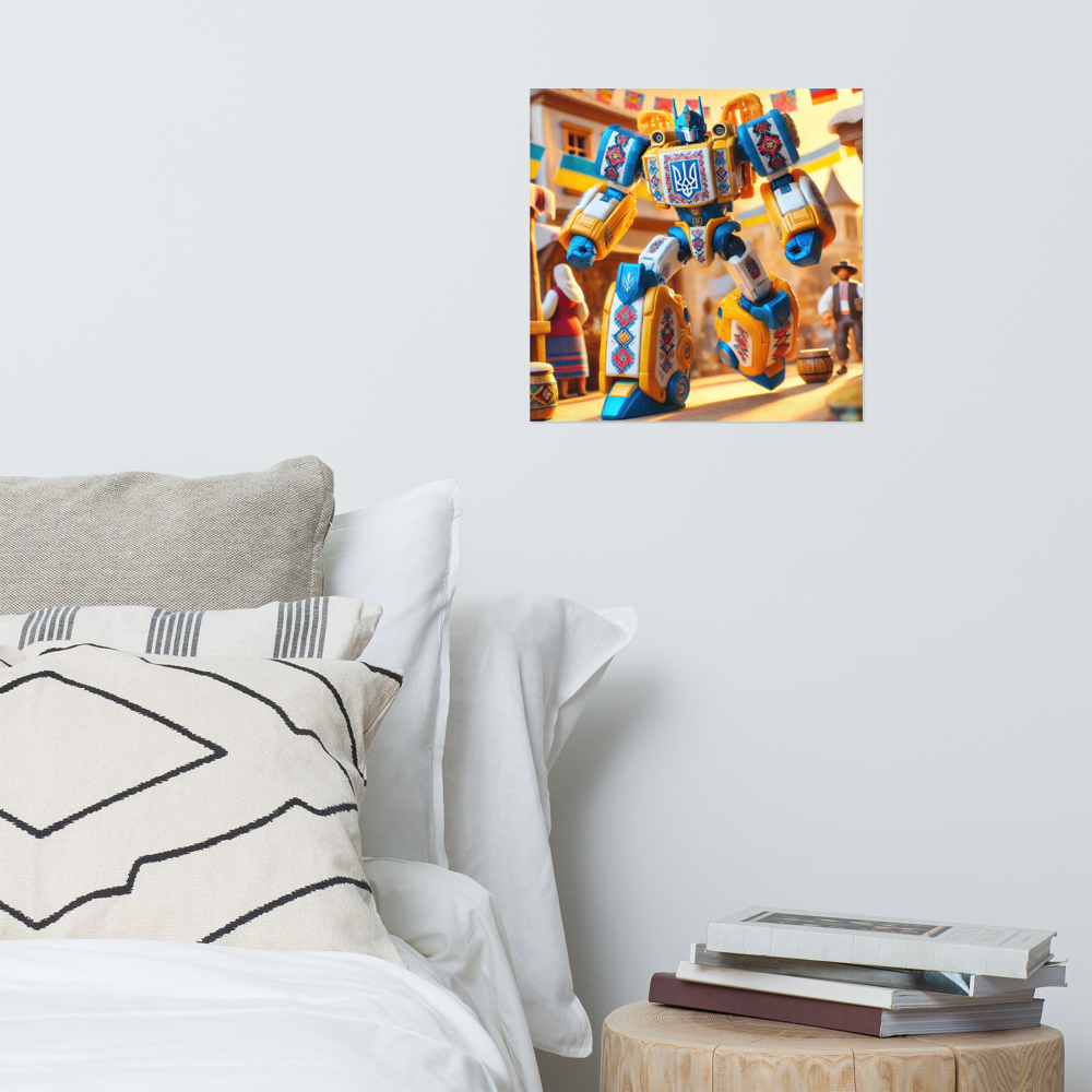 Ukrainian Transformer poster on wall above bed, adding vibrant decoration with its glossy and matte finish.