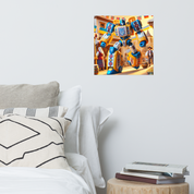 Ukrainian Transformer poster on wall above bed, adding vibrant decoration with its glossy and matte finish.
