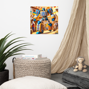 Ukrainian Transformer poster in cozy room with cushions, art piece showcasing bold design in vibrant colors on thick, durable paper.