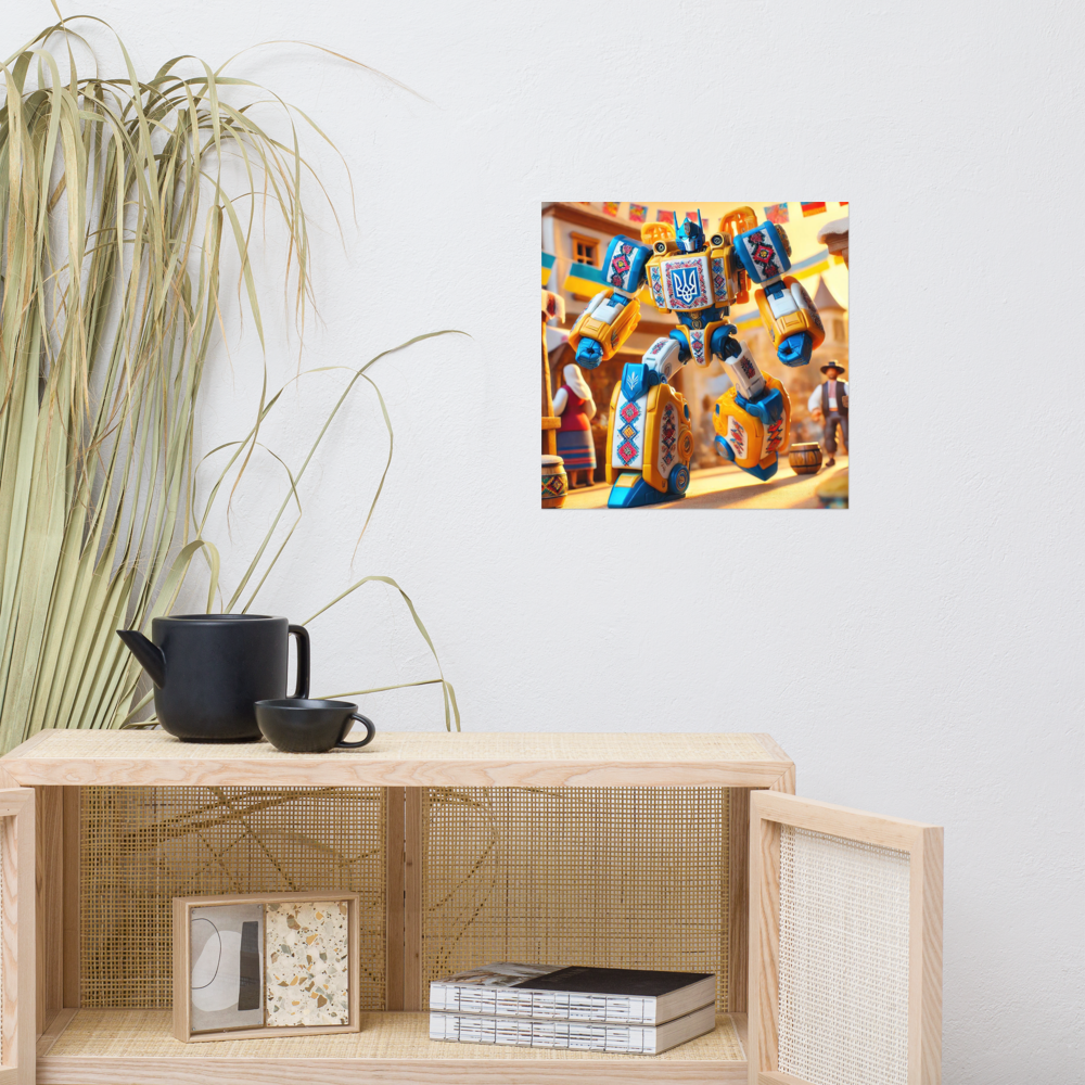 Ukrainian Transformer poster on wall, enhancing room decor with bold design and vibrant colors.