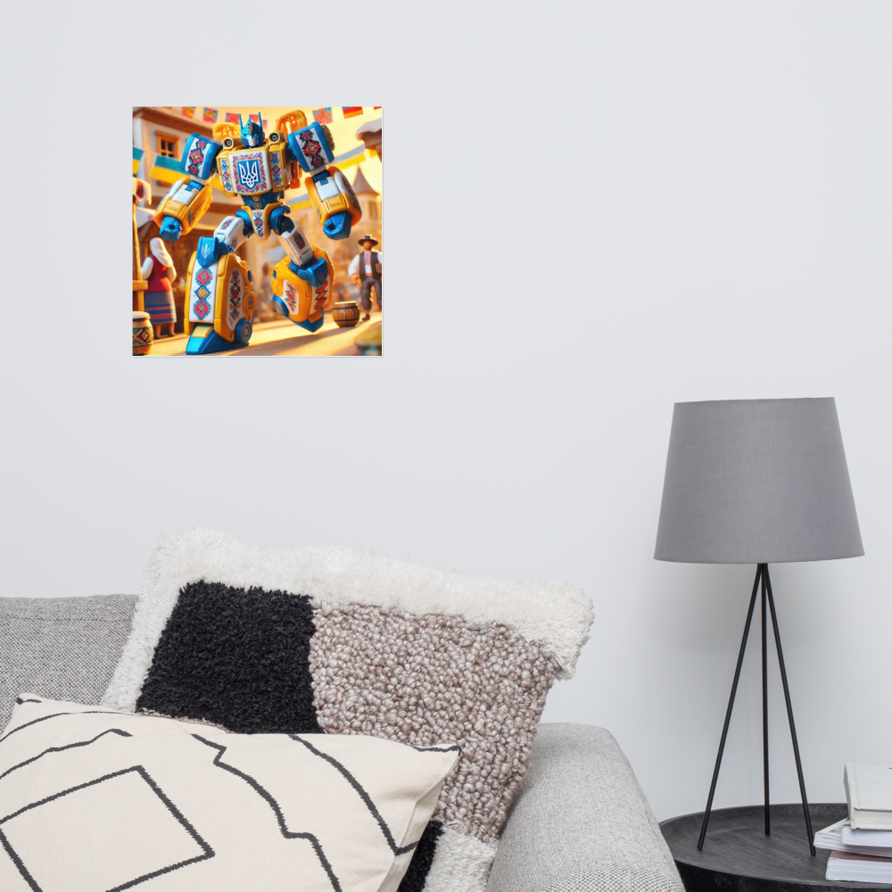 Ukrainian Transformer poster on wall in modern living room with decorative pillows and lamp.