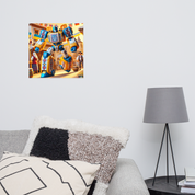 Ukrainian Transformer poster on wall in modern living room with decorative pillows and lamp.