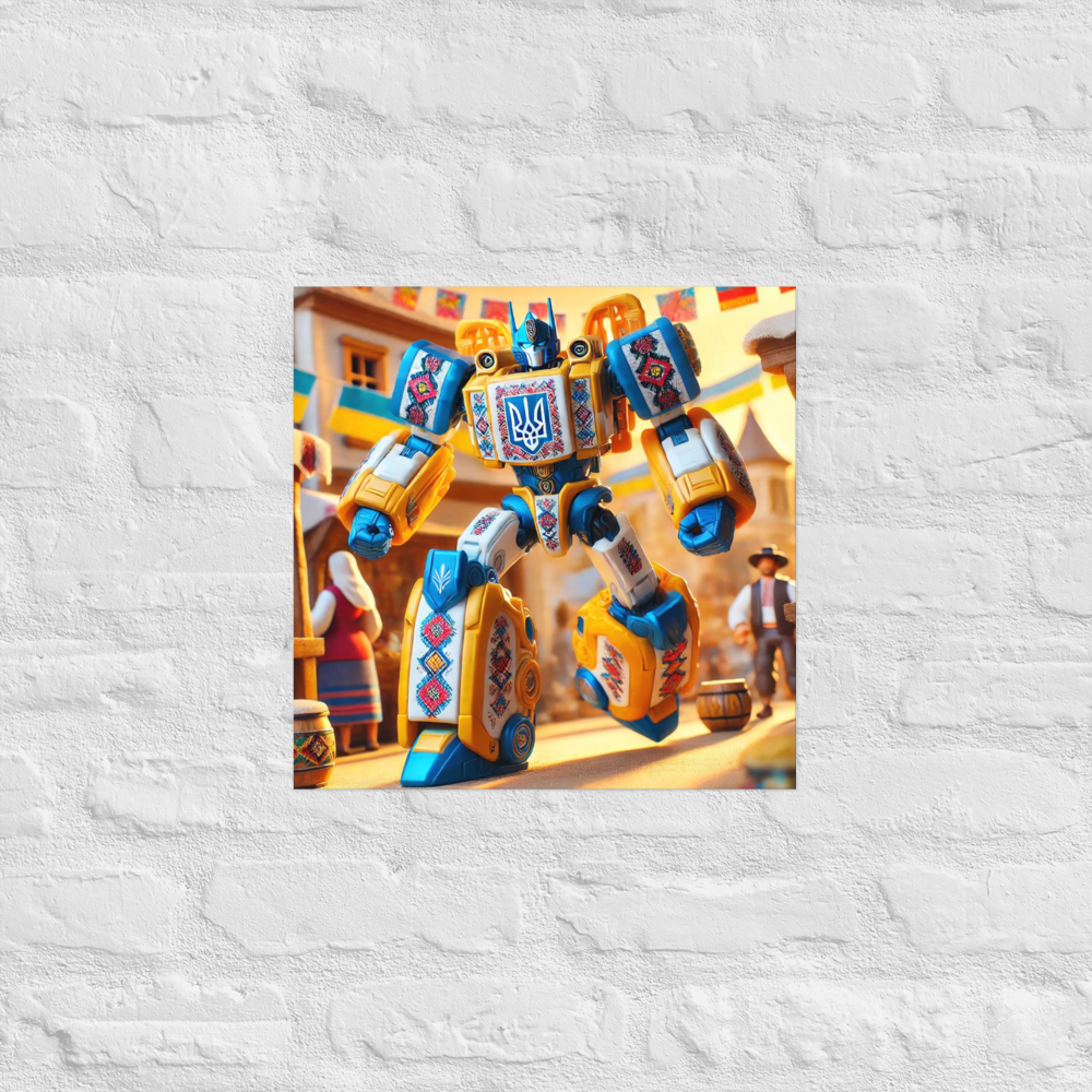 Ukrainian Transformer poster featuring a vibrant robot design with traditional patterns, perfect for adding a unique touch to any room.