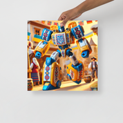 Ukrainian Transformer poster with vibrant colors, held by hand, featuring traditional design in sunny street setting.
