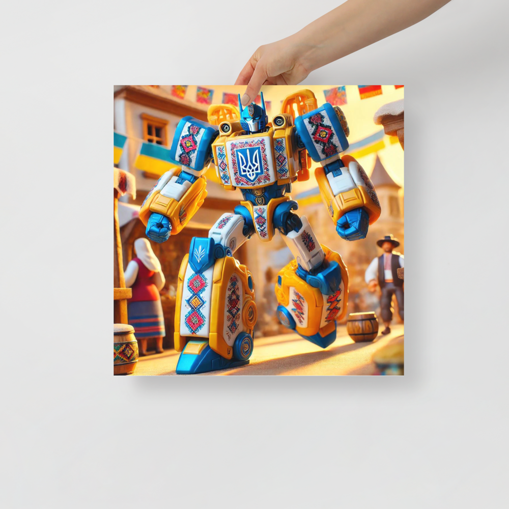 "Colorful Ukrainian Transformer poster with intricate designs held by a hand"