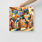 "Colorful Ukrainian Transformer poster with intricate designs held by a hand"
