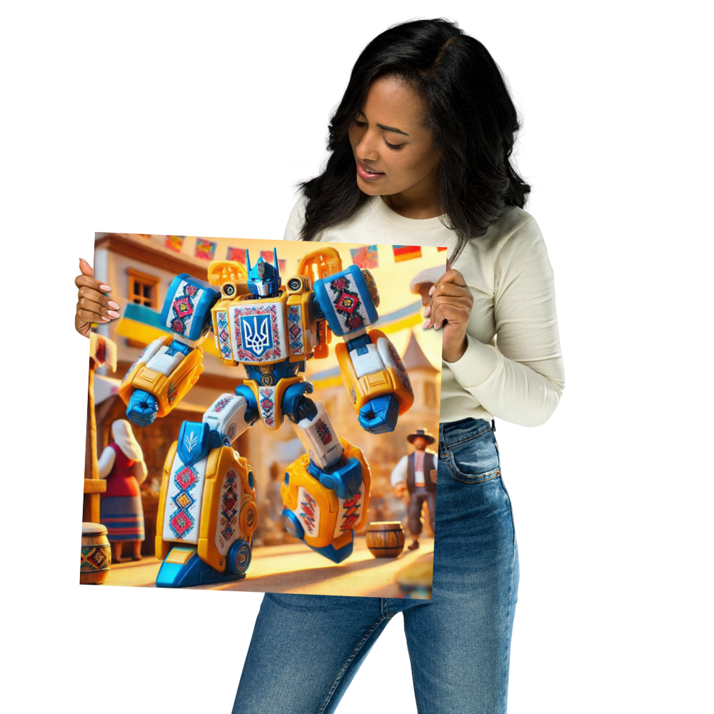 Woman holding Ukrainian Transformer poster with vibrant design