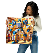 Woman holding Ukrainian Transformer poster with vibrant design