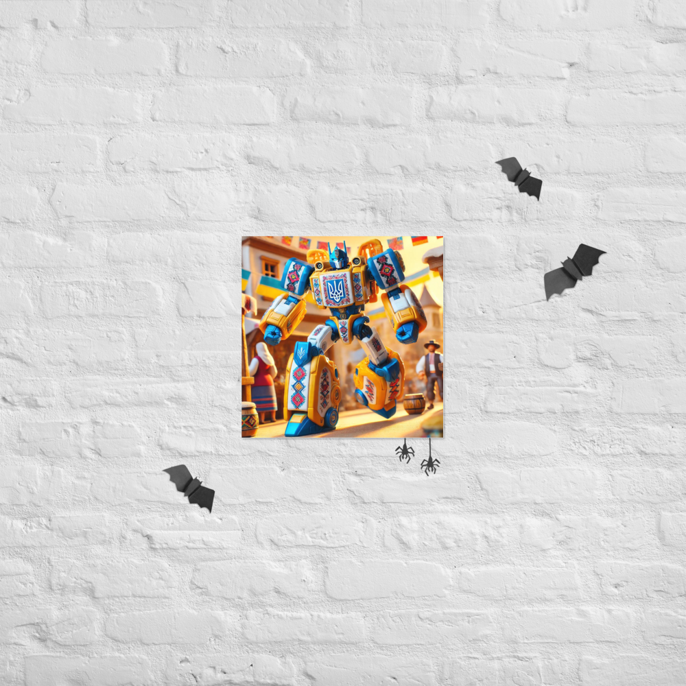 Ukrainian Transformer poster on a white brick wall with bat and spider decorations.