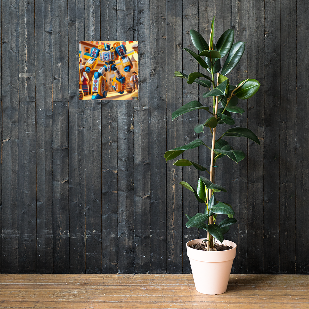 Glossy and matte Ukrainian Transformer poster on dark wood wall, next to a potted plant for sophisticated décor.